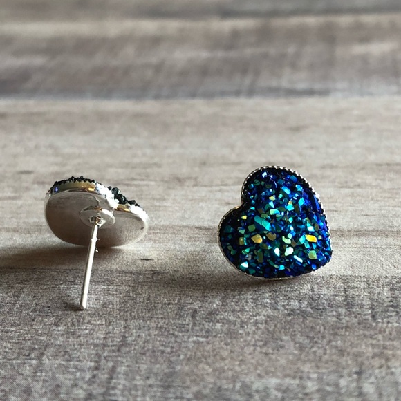 Blue Faux Druzy Silver Heart Stud Earrings! - Picture 3 of 6
